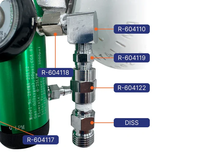 Labelled Image of Rowland Emergency's Add-On Fittings for D-Tank Regulator