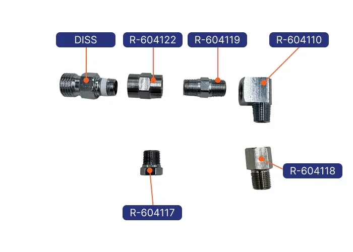 Labelled Parts Image of Rowland Emergency's Add-On Fittings for D-Tank Regulator