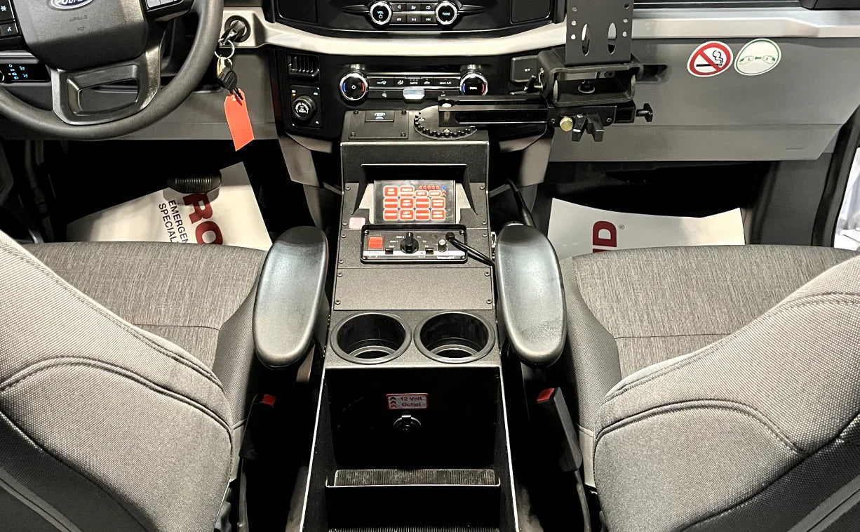 Image of a 10" center console inside an emergency vehicle, showcasing its compact design.