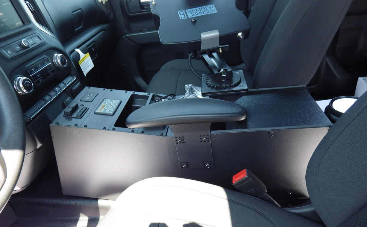Image of a 12-inch center console with a computer arm, designed for an emergency vehicle.