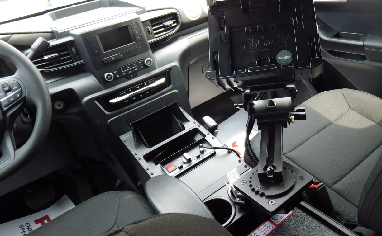 Image of a 14-inch center console with a computer mount and arm, designed for the Ford Explorer.
