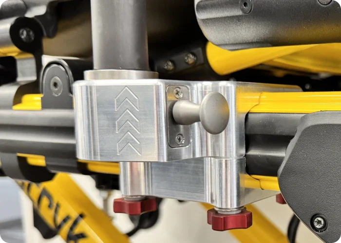 Rowland Emergency's Critical Care Removable Block mounted on a Stryker Power-PRO XT stretcher with an attached pole for secure equipment support.