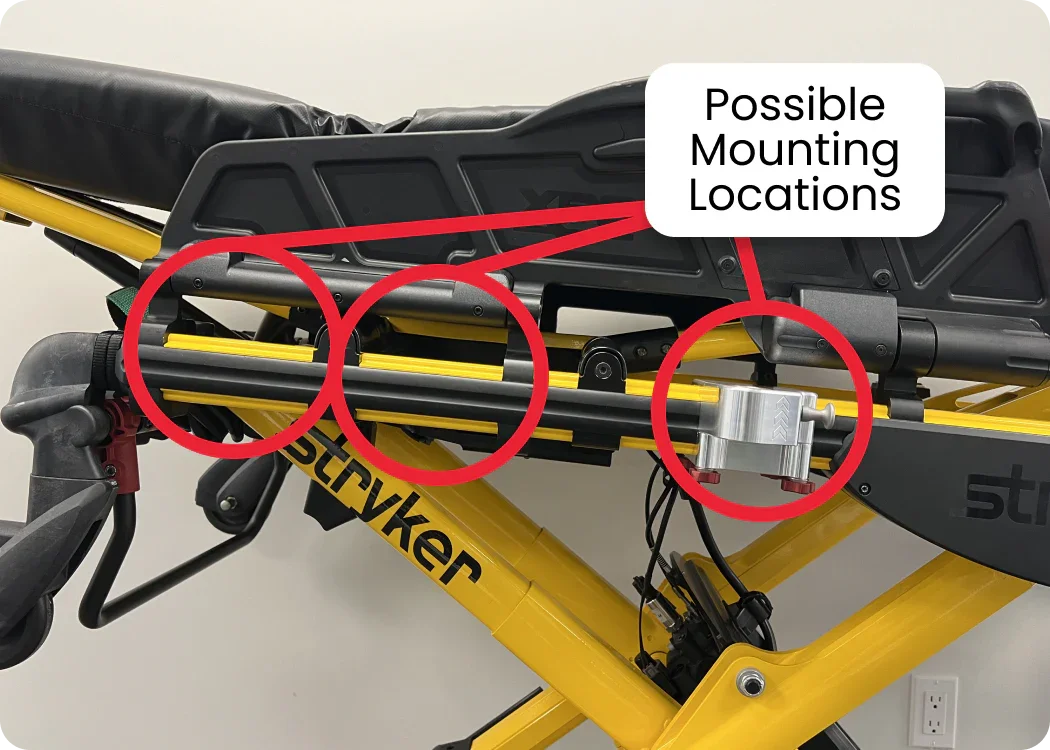 Critical Care Block mounted in various stretcher locations for secure equipment installation.