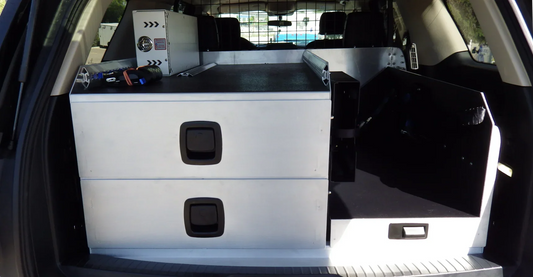 L drawer with two left drawers for a Ford Expedition emergency response unit, designed for secure and organized storage of equipment.