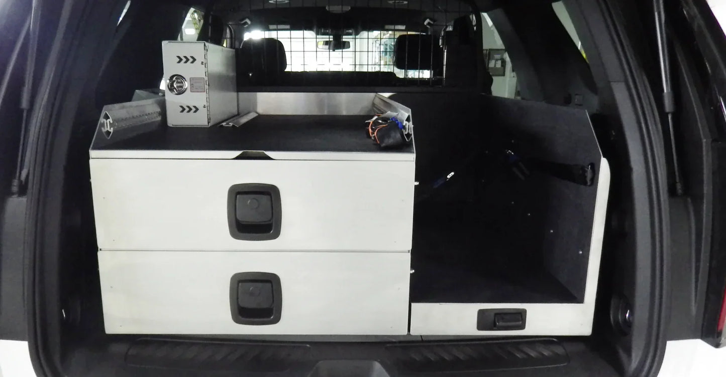 L drawer with one or two left drawers, configured for a Chevrolet Tahoe emergency response vehicle, offering organized and accessible storage.