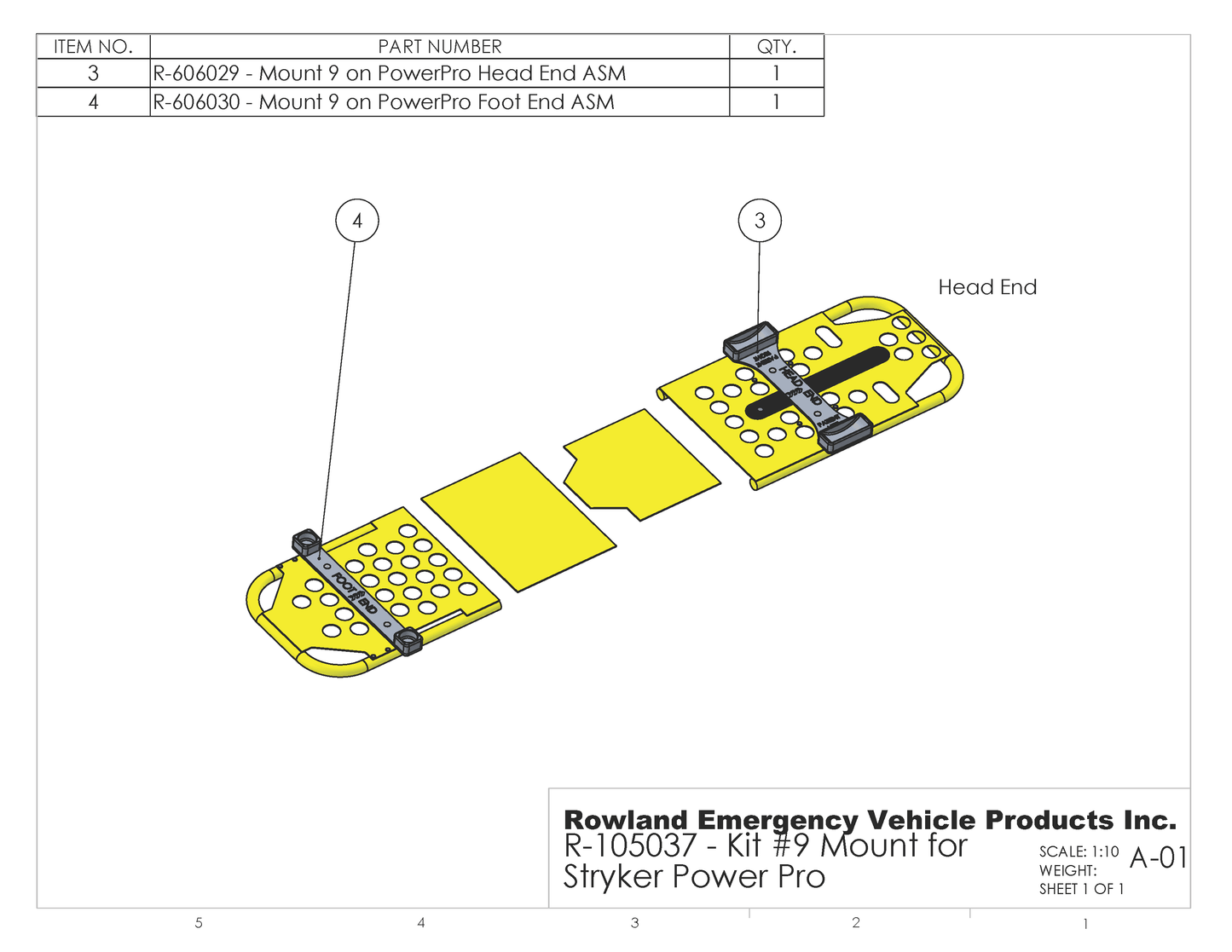 Schematic diagram of Rowland Emergency's R-105037 mount for Stryker Power-PRO XT.