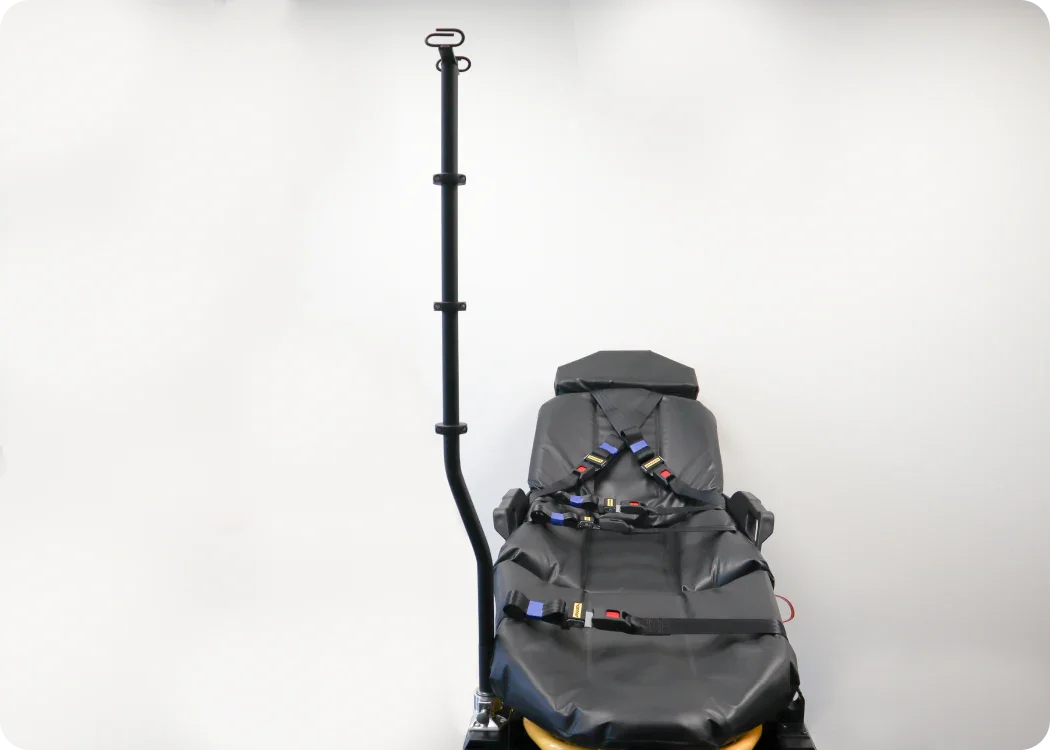 Critical Care Equipment Pole with offset and double IV hook mounted on a Power-PRO 2 stretcher, providing secure equipment support.