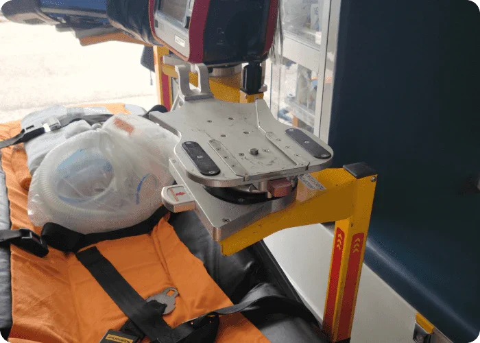CardioHelp mount for Stryker® Power-PRO XT by Rowland Emergency, designed for secure integration and easy access to the CardioHelp system during patient transport.
