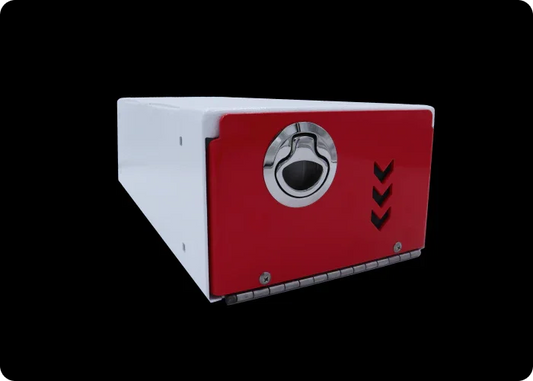 Front view of Rowland Emergency fire extinguisher with a red door and white metal, displayed on a black background.