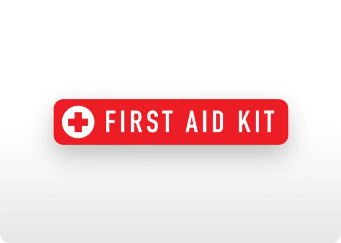 Red and white "First Aid Kit" decal with health cross symbol.