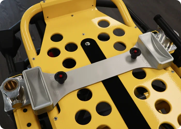 Incubator Kit with foot-end wheel cups mounted on a Stryker Power-PRO XT stretcher, designed for compatibility with Ferno #9 stretchers and neonatal incubators.