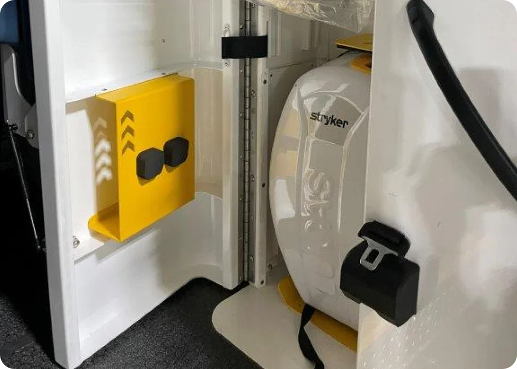 Stryker LUCAS device secured in the ambulance commander compartment using a Rowland Emergency mount.