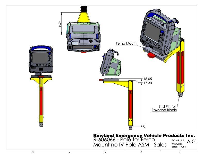 Mounting pole for Ferno D360 with adaptor plate and no IV receptacle.