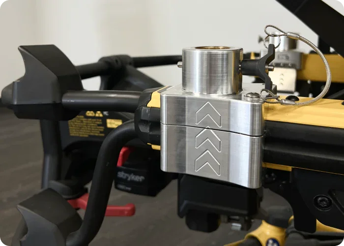 Defibrillator Mounting Block for Stryker® Power-LOAD V3, designed for compatibility with Power-PRO XT (patient left) for secure and reliable equipment attachment.