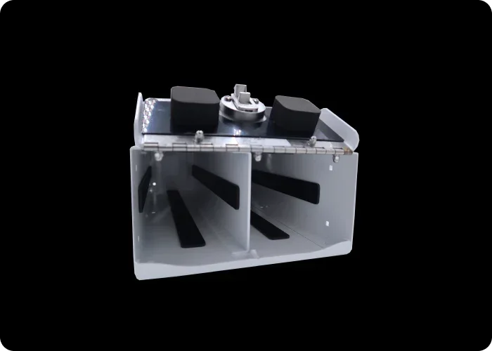Inner view of a white "D" tank oxygen cylinder holder with padding for an ambulance, designed for secure and cushioned storage.