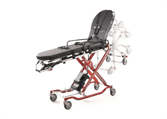 Refurbished Ferno® POWERFlexx+ powered ambulance cot by Rowland Emergency, designed for easy patient transport with powered lift features.