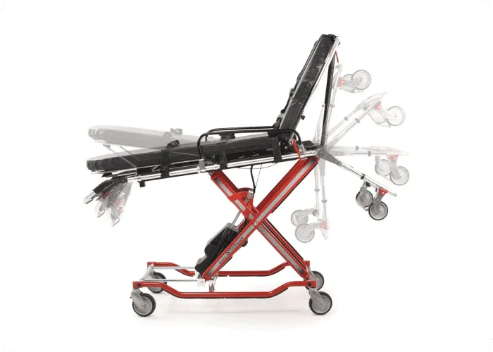 Refurbished Ferno® POWERFlexx+ powered ambulance cot by Rowland Emergency, designed for easy patient transport with powered lift features.