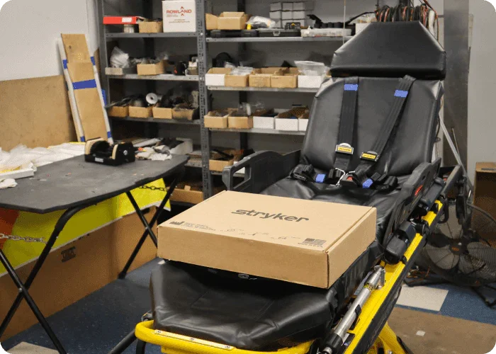 Refurbished Stryker® Power-PRO XT stretcher by Rowland Emergency, designed for reliable patient transport with advanced features and easy maneuverability.