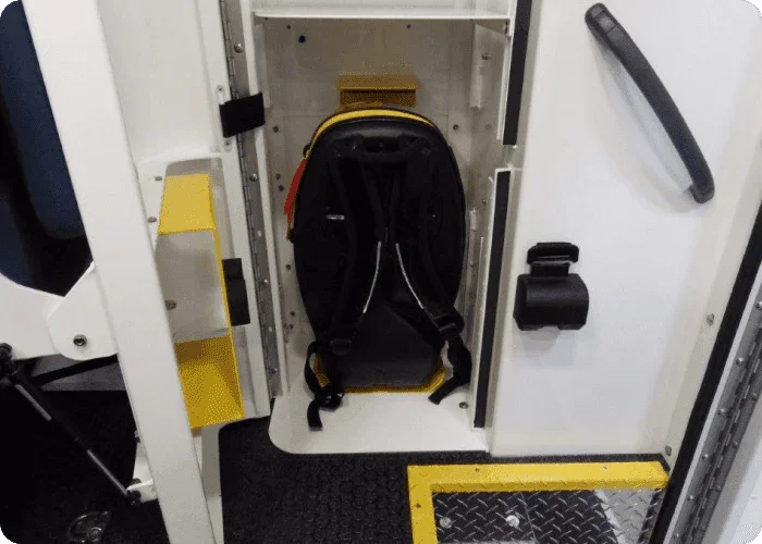 Stryker® Lucas II CPR device bracket for Crestline Commander compartment by Rowland Emergency, designed for secure mounting and easy access to life-saving equipment.