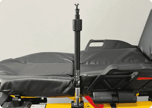 Stryker® Power-PRO 2: IV pole, 2-stage or 3-stage, for patient right or left by Rowland Emergency, designed for secure and adjustable positioning of IV equipment during transport.