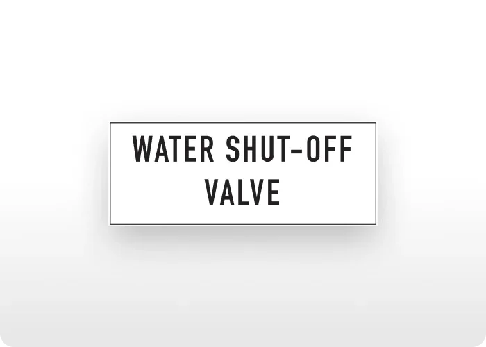 White "Water Shutoff Valve" decal for equipment labeling.
