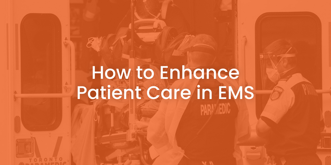 Paramedics assist a patient in an ambulance, text reads 'How to Enhance Patient Care in EMS'.