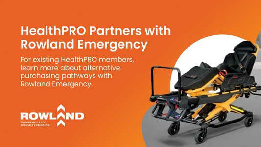 HealthPRO and Rowland Emergency partnership banner with Stryker EMS stretcher on orange background