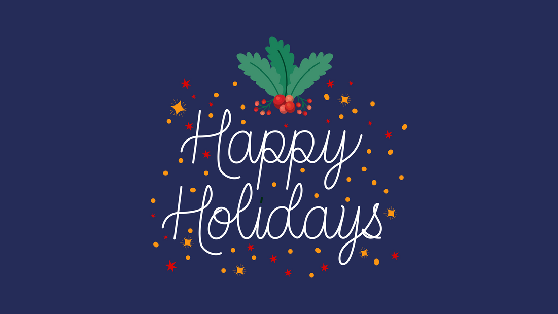 Happy Holidays banner with festive holly, stars, and confetti on blue for Rowland Emergency