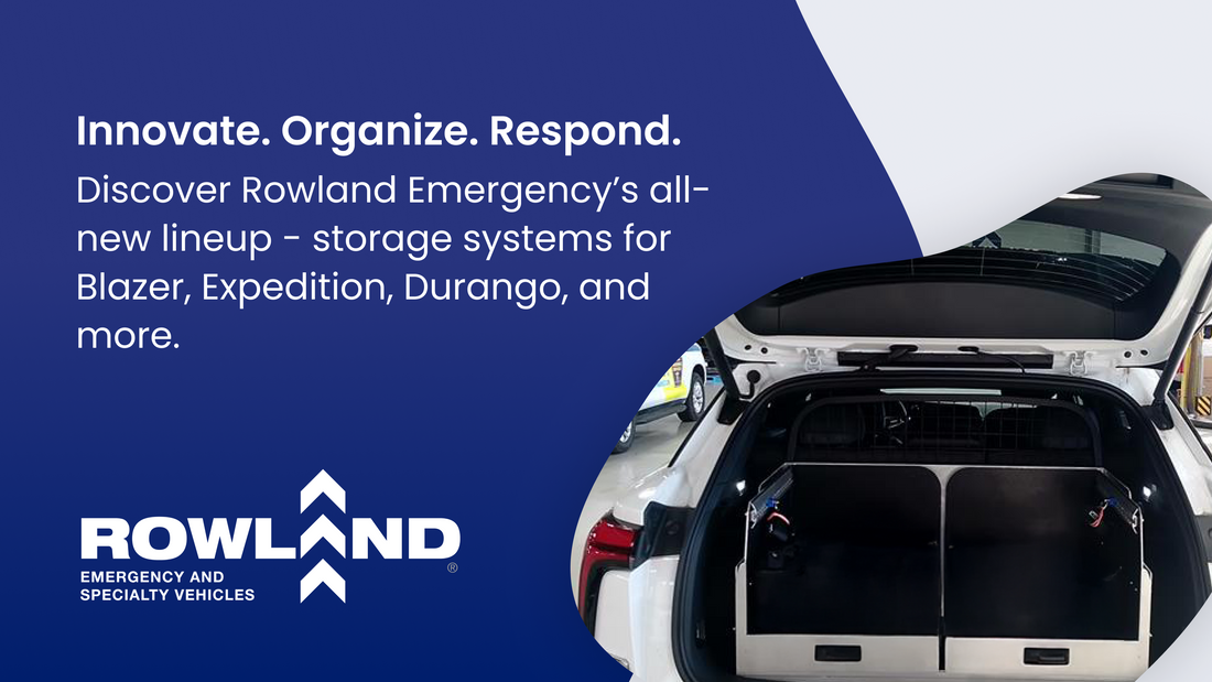 Rowland Emergency vehicle storage systems promo with open SUV trunk and company logo