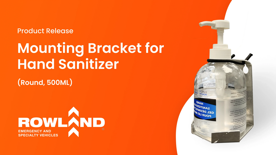 Rowland Emergency mounting bracket for round 500ml hand sanitizer, product release graphic.