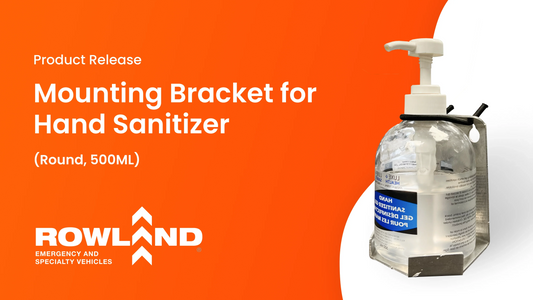 Rowland Emergency mounting bracket for round 500ml hand sanitizer, product release graphic.