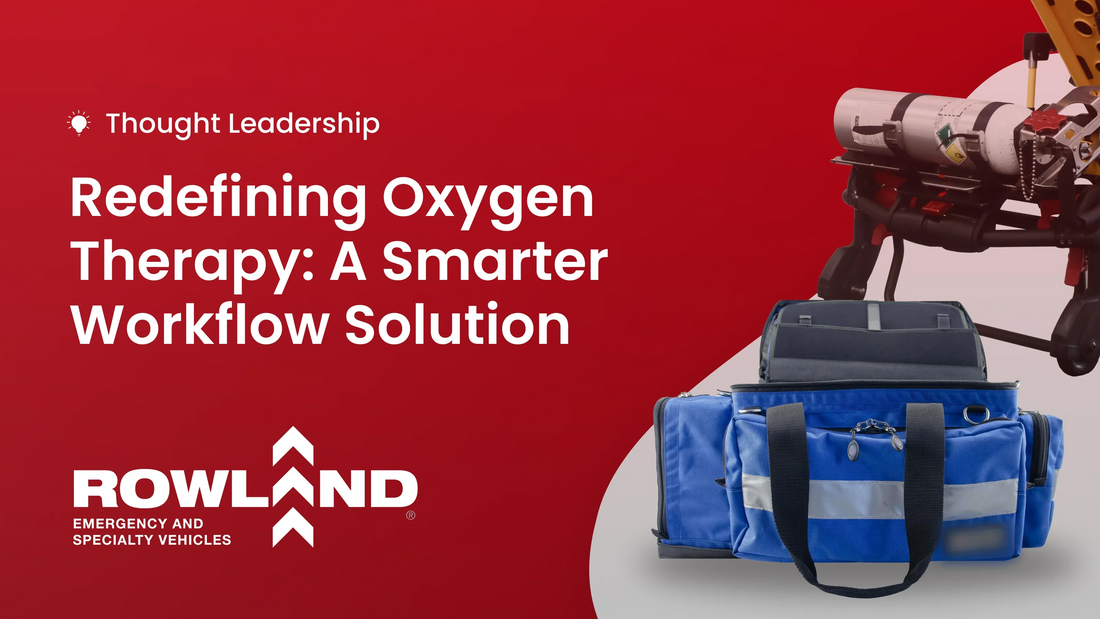 Rowland Emergency oxygen therapy workflow solution with blue EMS bag and oxygen tank on red background