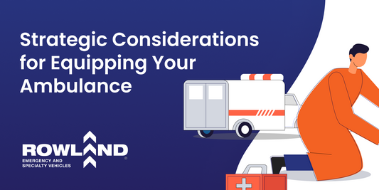 Illustrative Image with a Medic Kneeling and "Strategic Considerations for Equipping Your Ambulance" written in white font