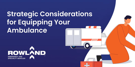 Illustration of EMS worker with medical kit and ambulance, Rowland Emergency branding visible