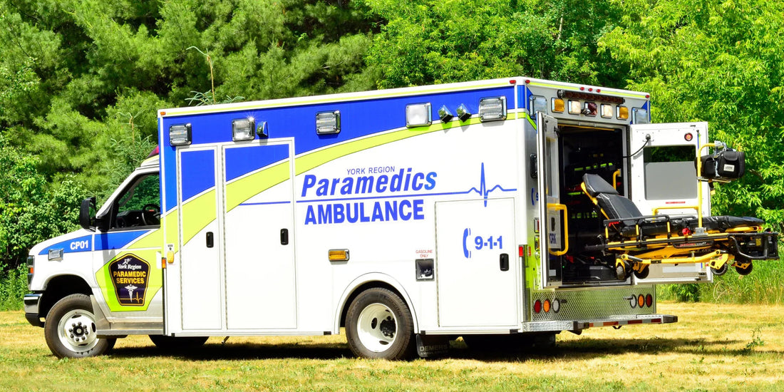 York Region paramedics ambulance with Stryker stretcher, parked outdoors, Rowland Emergency