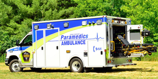 York Region paramedics ambulance with Stryker stretcher, parked outdoors, Rowland Emergency