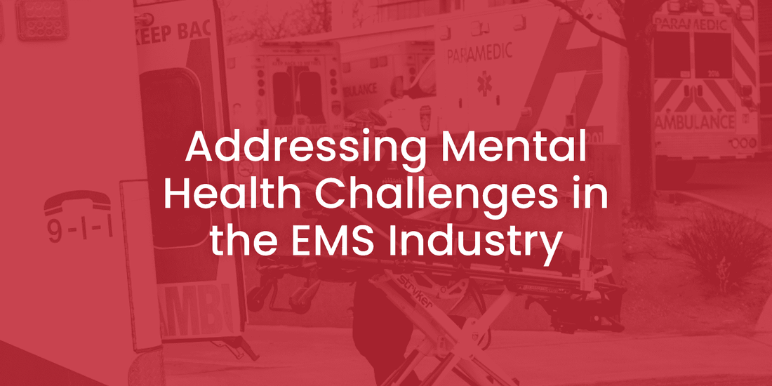 EMS ambulances with paramedics and stretcher, text about mental health challenges in EMS