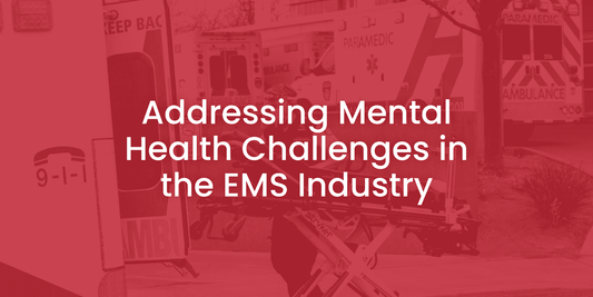 EMS ambulances with paramedics and stretcher, text about mental health challenges in EMS