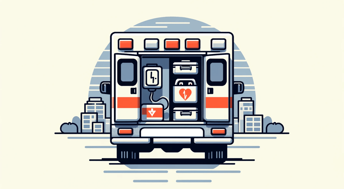 Ambulance with cardiac monitor, defibrillator, and EMS equipment, city background, Rowland Emergency