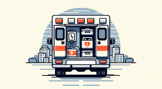 Ambulance with cardiac monitor, defibrillator, and EMS equipment, city background, Rowland Emergency