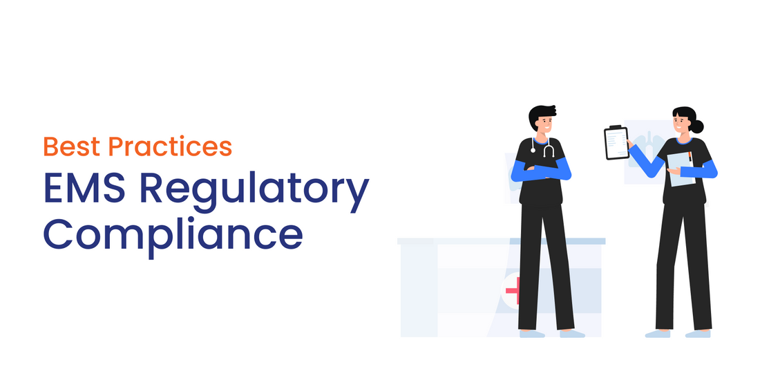 EMS regulatory compliance best practices illustration with two healthcare professionals discussing documents