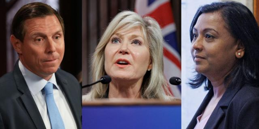 Three business professionals in suits at a public speaking event, Rowland Emergency context