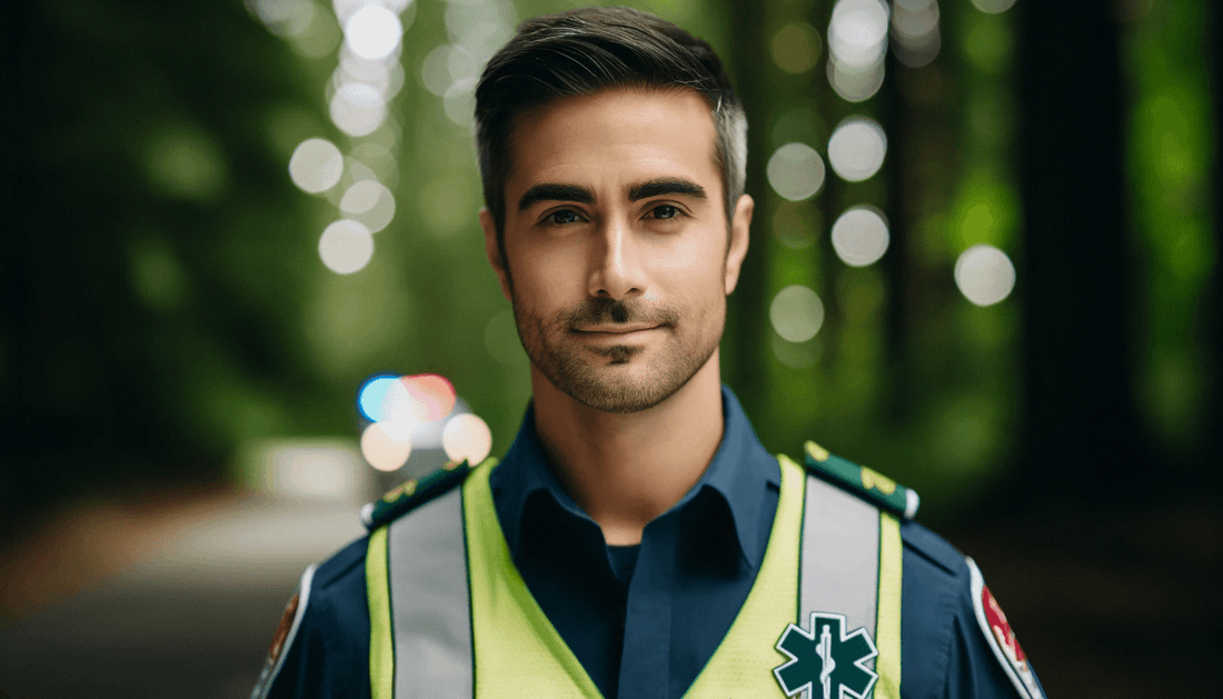Paramedic in hi-vis vest outdoors, forest background, Rowland Emergency EMS support