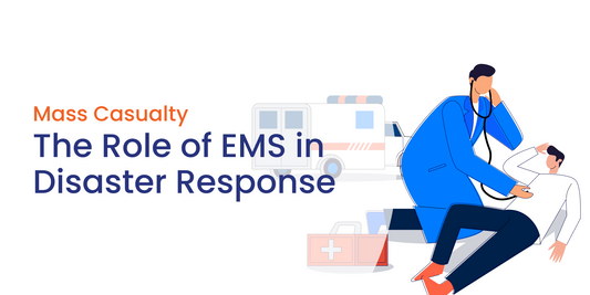 EMS provider assists patient in front of ambulance during disaster response, Rowland Emergency