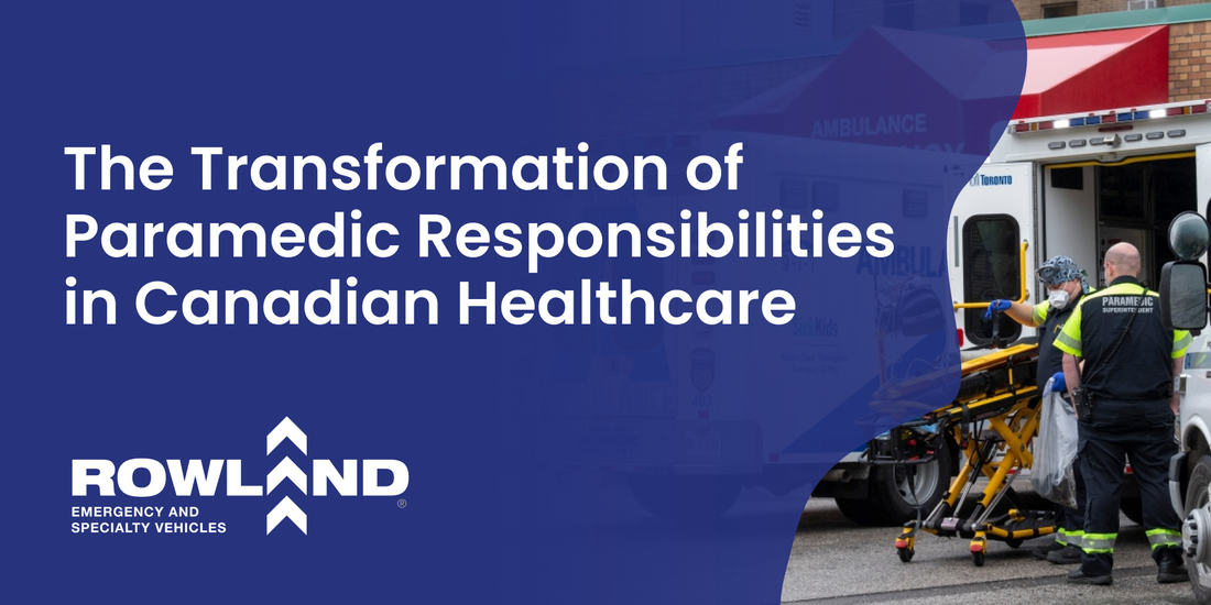 Paramedics assist patient into ambulance, Rowland Emergency logo, Canadian healthcare focus