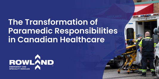 Paramedics assist patient into ambulance, Rowland Emergency logo, Canadian healthcare focus