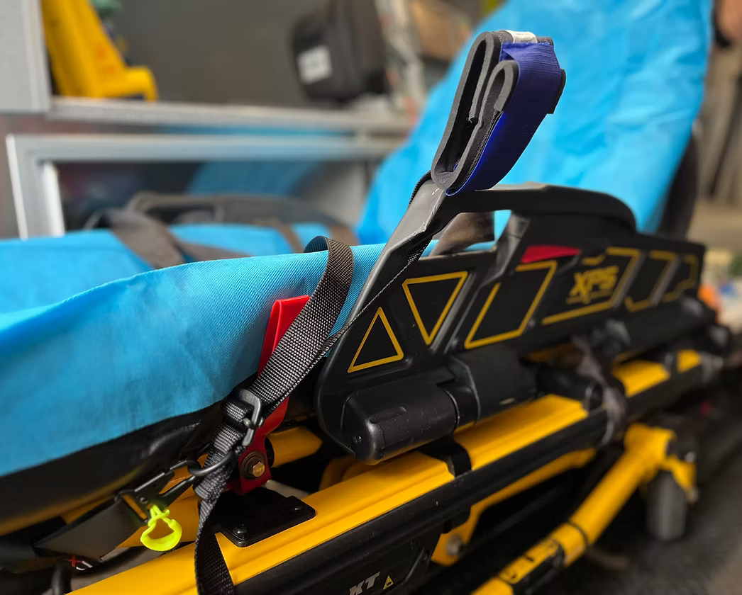 XDcuff REF115C+ strap on a Stryker Power-PRO XT stretcher
