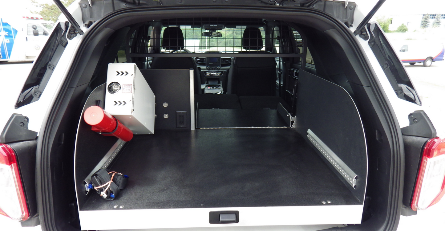 Rear storage system for a Ford Explorer, featuring a single tray designed for stretcher transport, ensuring secure and organized storage.