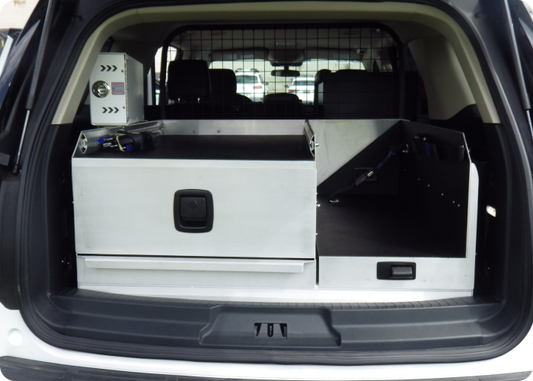 Front view of Rowland Emergency's ERU-05-200-00 storage solution designed for the Ford Expedition.