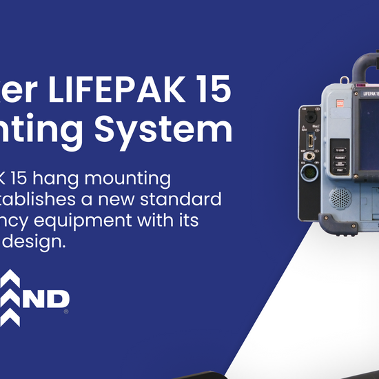 Stryker LIFEPAK 15 mounting system by Rowland Emergency, designed for secure and efficient attachment of the defibrillator in emergency response vehicles.
